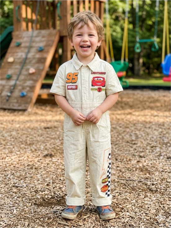 Disney Other - Disney Pixar Cars Lightning McQueen Khaki Mechanic Kids Embroidered Jumpsuit 4T